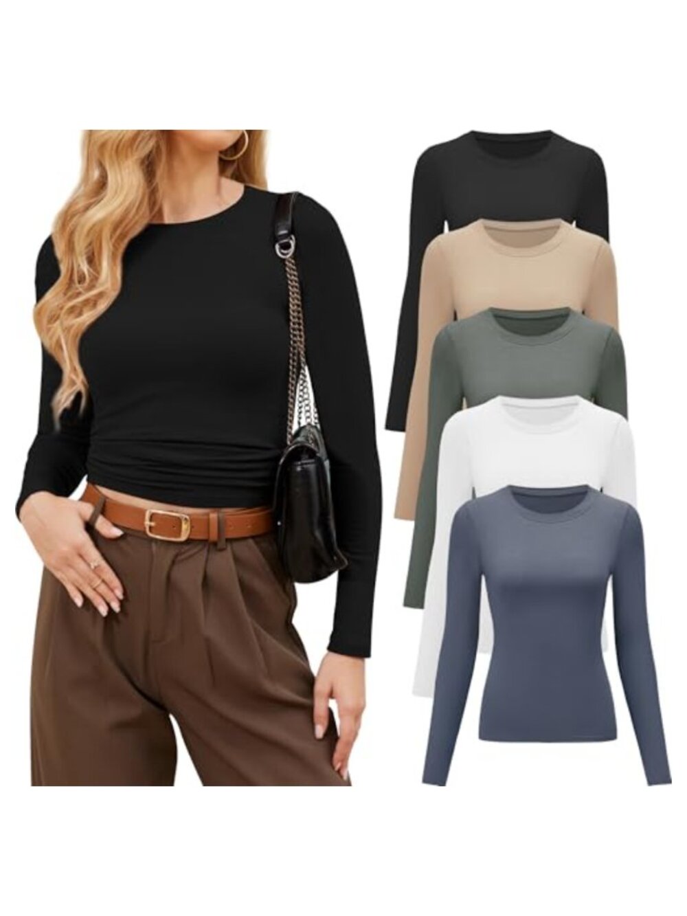 Womens Long Sleeve Crew Neck Slim Fitted Stretchy Rayon Basic Tee Top